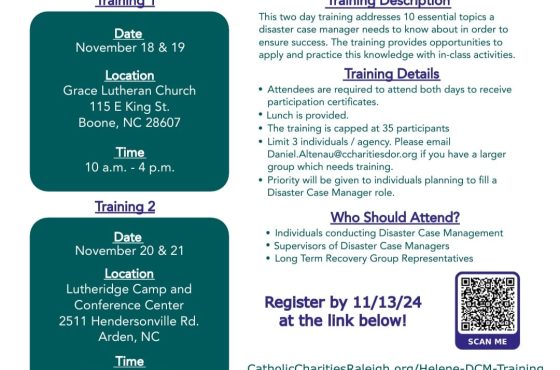 Catholic Charities of the Diocese of Raleigh organiza una capacitación esencial para administradores de casos de desastre